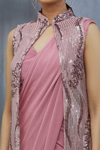 Shop_Khwaab By Sanjana Lakhani_Pink Saree And Blouse Lycra & Jacket Soft Solid Pre-draped With _Online_at_Aza_Fashions