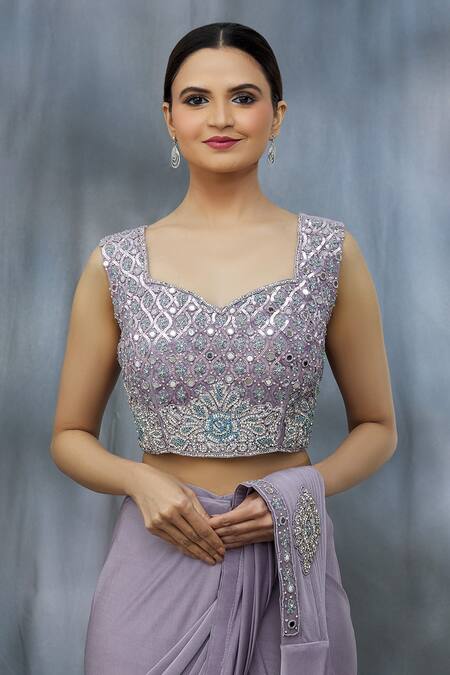 Khwaab By Sanjana Lakhani_Purple Lycra Beads And Mirror, Sequin Leaf Pre-draped Saree With & Work Blouse_at_Aza_Fashions
