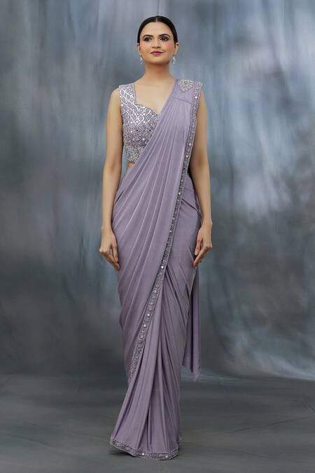 Khwaab By Sanjana Lakhani_Purple Lycra Beads And Mirror, Sequin Leaf Pre-draped Saree With & Work Blouse_Online_at_Aza_Fashions