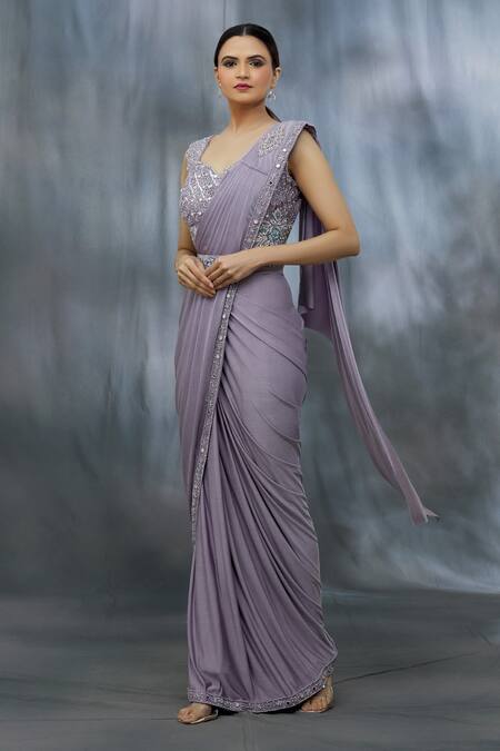 Buy_Khwaab By Sanjana Lakhani_Purple Lycra Beads And Mirror, Sequin Leaf Pre-draped Saree With & Work Blouse_Online_at_Aza_Fashions
