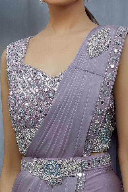 Shop_Khwaab By Sanjana Lakhani_Purple Lycra Beads And Mirror, Sequin Leaf Pre-draped Saree With & Work Blouse_Online_at_Aza_Fashions