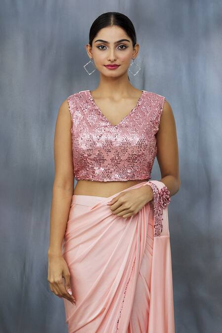 Khwaab By Sanjana Lakhani_Peach Lycra And Net 3d Patch Work Pre-draped Saree With Blouse _at_Aza_Fashions