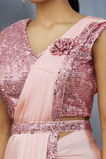 Shop_Khwaab By Sanjana Lakhani_Peach Lycra And Net 3d Patch Work Pre-draped Saree With Blouse _Online_at_Aza_Fashions