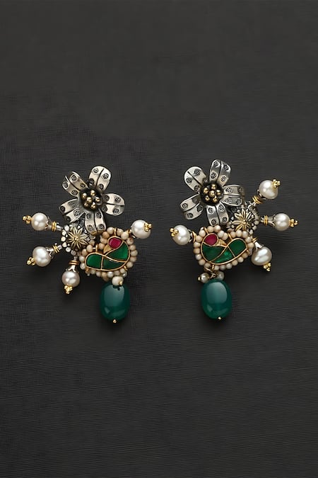 Mero Jewellery Multi Color Kundan Floral Embellished Carved Earrings 