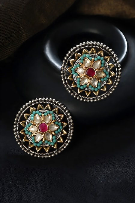 Mero Jewellery_Multi Color Beads, Diamonds Floral Kundan Embellished Studs _Online_at_Aza_Fashions