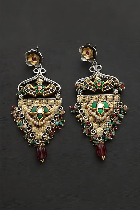 Mero Jewellery Multi Color Kundan Peacock Motif Floral Carved Earrings 