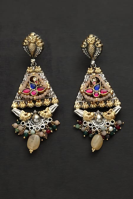 Mero Jewellery Multi Color Kundan Embellished Carved Earrings 