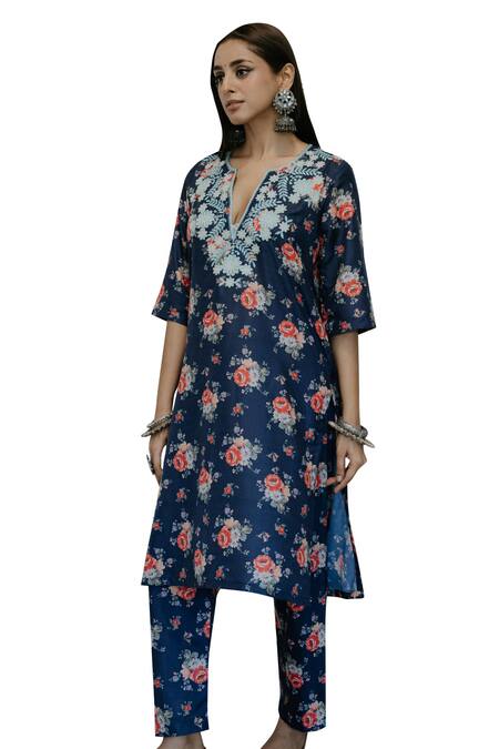 Buy Gulabo Jaipur Blue Muslin Embroidery Split V-neck Reet Floral Print Kurta With Pant Buy_Gulabo Jaipur_Blue Muslin Embroidery Split V-neck Reet Floral Print Kurta With Pant