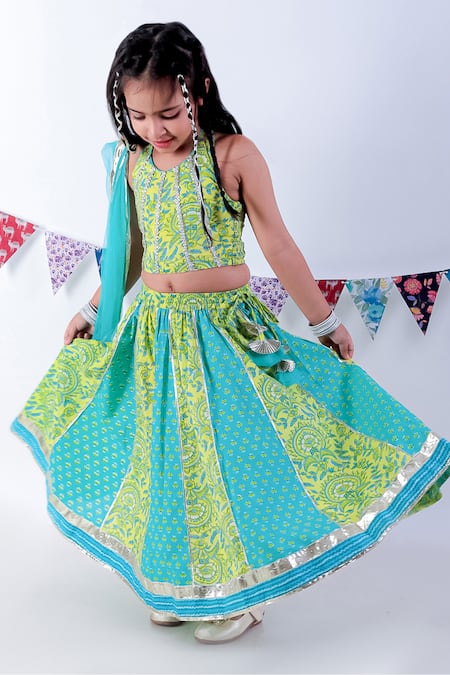 Lil Drama_Green Cotton, Chanderi Gota Patti, Floral Jaipur Print Lehenga Blouse Set _Online_at_Aza_Fashions
