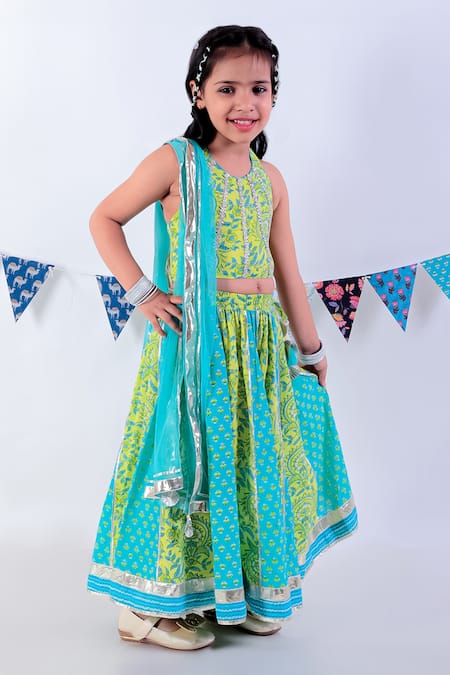 Buy_Lil Drama_Green Cotton, Chanderi Gota Patti, Floral Jaipur Print Lehenga Blouse Set _Online_at_Aza_Fashions