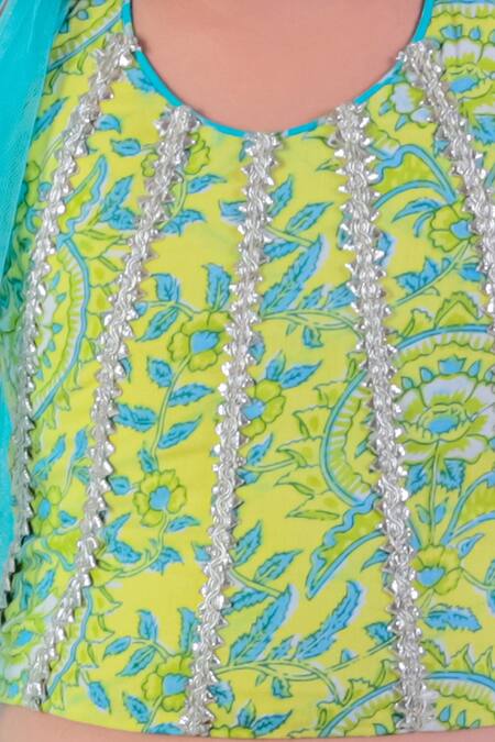 Shop_Lil Drama_Green Cotton, Chanderi Gota Patti, Floral Jaipur Print Lehenga Blouse Set _Online_at_Aza_Fashions
