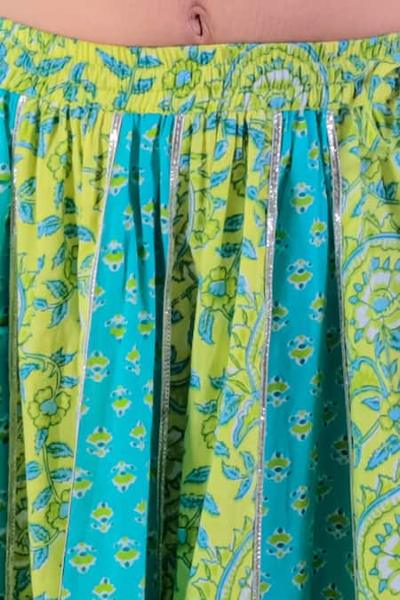 Lil Drama_Green Cotton, Chanderi Gota Patti, Floral Jaipur Print Lehenga Blouse Set _at_Aza_Fashions