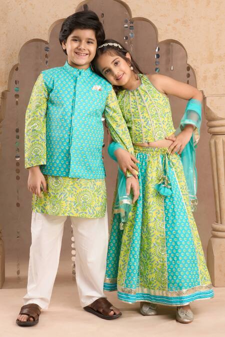 Buy_Lil Drama_Green Cotton, Chanderi Gota Patti, Floral Jaipur Print Lehenga Blouse Set 