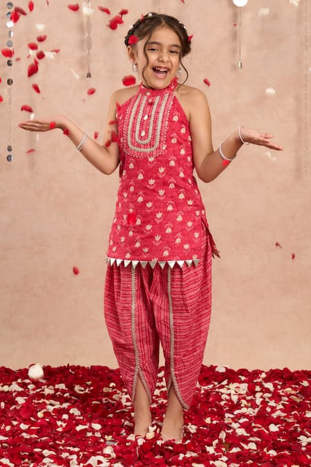 LIL DRAMA Red Cambric Print Floral Butti Pattern Kurta With Dhoti Pant 