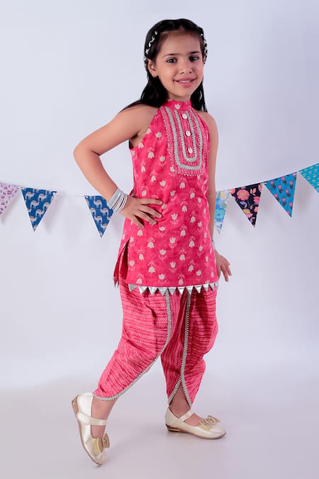 Lil Drama_Red Cotton Zari Floral Butti Pattern Kurta With Dhoti Pant _Online_at_Aza_Fashions