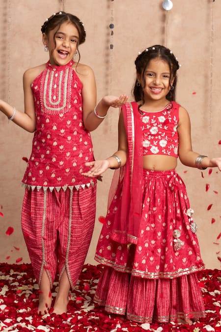 Lil Drama_Red Cotton Zari Floral Butti Pattern Kurta With Dhoti Pant _at_Aza_Fashions