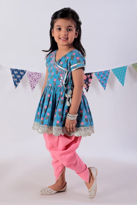 Lil Drama Blue Cotton Lace Floral Bud Print Peplum Kurta With Dhoti Pant Online at Aza Fashions Lil Drama_Blue Cotton Lace Floral Bud Print Peplum Kurta With Dhoti Pant _Online_at_Aza_Fashions