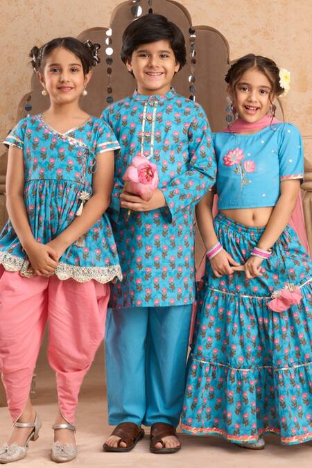 Lil Drama Blue Cotton Lace Floral Bud Print Peplum Kurta With Dhoti Pant at Aza Fashions Lil Drama_Blue Cotton Lace Floral Bud Print Peplum Kurta With Dhoti Pant _at_Aza_Fashions