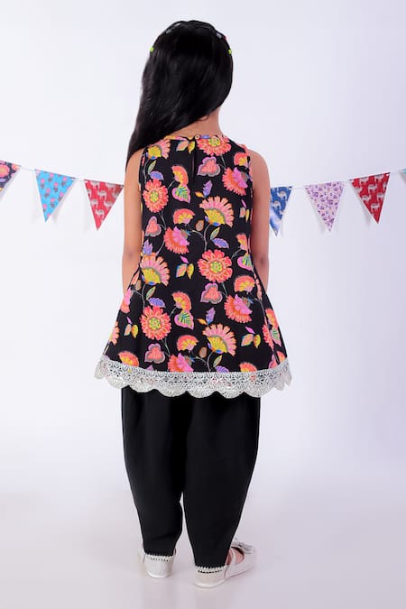 Shop Lil Drama Black Cotton Lace Floral Bloom Print Kurta With Dhoti Pant at Aza Fashions Shop_Lil Drama_Black Cotton Lace Floral Bloom Print Kurta With Dhoti Pant _at_Aza_Fashions