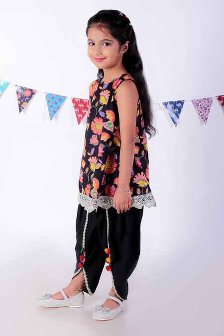 Lil Drama Black Cotton Lace Floral Bloom Print Kurta With Dhoti Pant Online at Aza Fashions Lil Drama_Black Cotton Lace Floral Bloom Print Kurta With Dhoti Pant _Online_at_Aza_Fashions