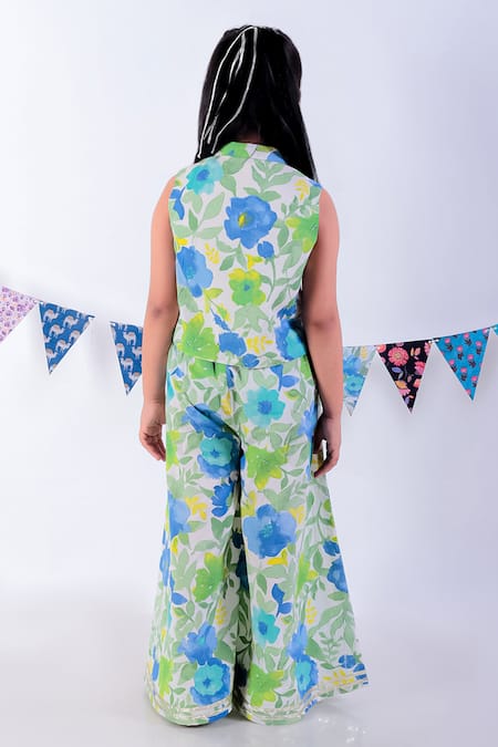 Shop Lil Drama Green Cotton Floral Print Top With Flared Pant at Aza Fashions Shop_Lil Drama_Green Cotton Floral Print Top With Flared Pant _at_Aza_Fashions