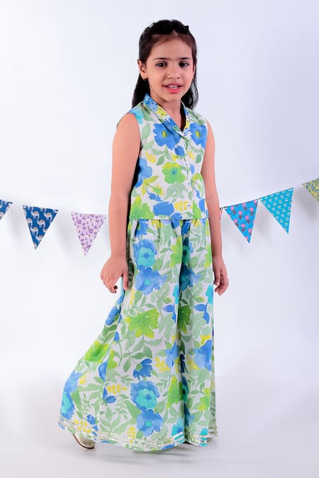 Lil Drama Green Cotton Floral Print Top With Flared Pant Online at Aza Fashions Lil Drama_Green Cotton Floral Print Top With Flared Pant _Online_at_Aza_Fashions