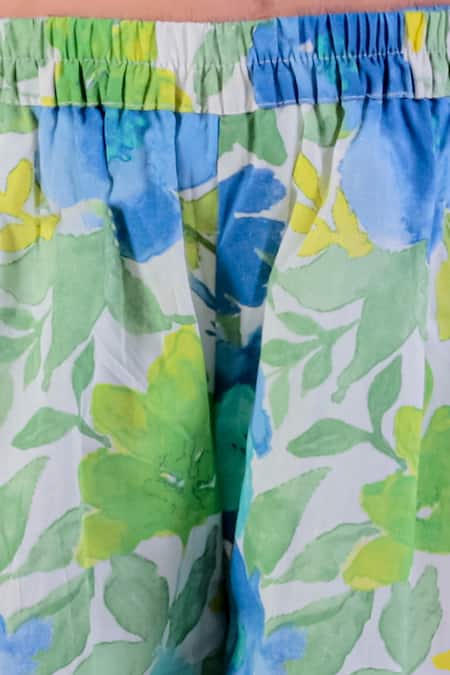 Shop Lil Drama Green Cotton Floral Print Top With Flared Pant Online at Aza Fashions Shop_Lil Drama_Green Cotton Floral Print Top With Flared Pant _Online_at_Aza_Fashions