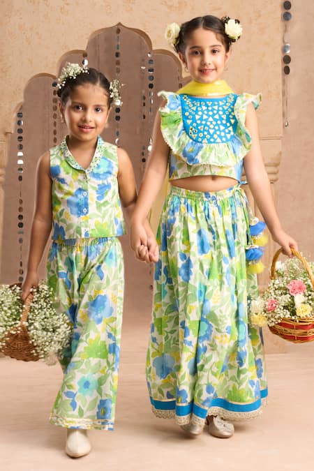 Lil Drama Green Cotton Floral Print Top With Flared Pant at Aza Fashions Lil Drama_Green Cotton Floral Print Top With Flared Pant _at_Aza_Fashions