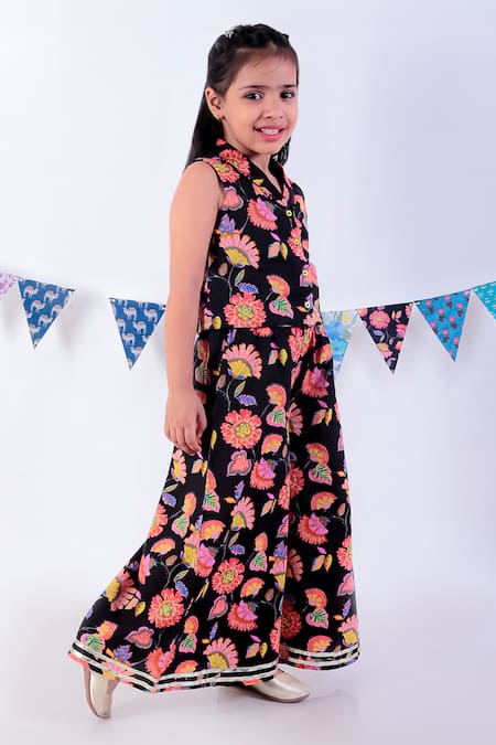 Lil Drama_Black Cotton Floral Bloom Print Top With Flared Pant _Online_at_Aza_Fashions