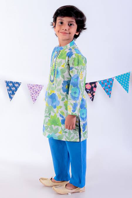 Lil Drama Green Cotton Sequins Floral Bloom Print Kurta With Pyjama Online at Aza Fashions Lil Drama_Green Cotton Sequins Floral Bloom Print Kurta With Pyjama _Online_at_Aza_Fashions