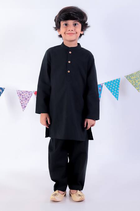 Buy_Lil Drama_Black Cotton Floral Bloom Print Bundi Kurta Set _Online_at_Aza_Fashions