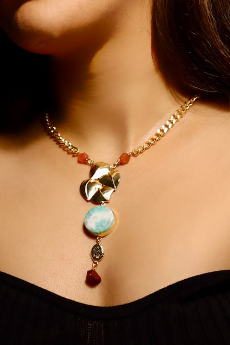 Shop_Raga Baubles_Gold Plated Heart And Leaf Drop Necklace _Online_at_Aza_Fashions