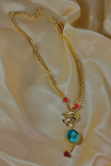 Raga Baubles_Gold Plated Heart And Leaf Drop Necklace _at_Aza_Fashions