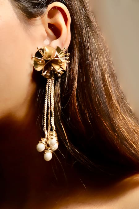 Raga Baubles_Gold Plated Pearls 3d Floral Dangler Earrings _Online_at_Aza_Fashions