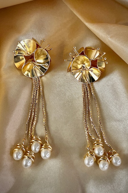 Buy_Raga Baubles_Gold Plated Pearls 3d Floral Dangler Earrings _Online_at_Aza_Fashions