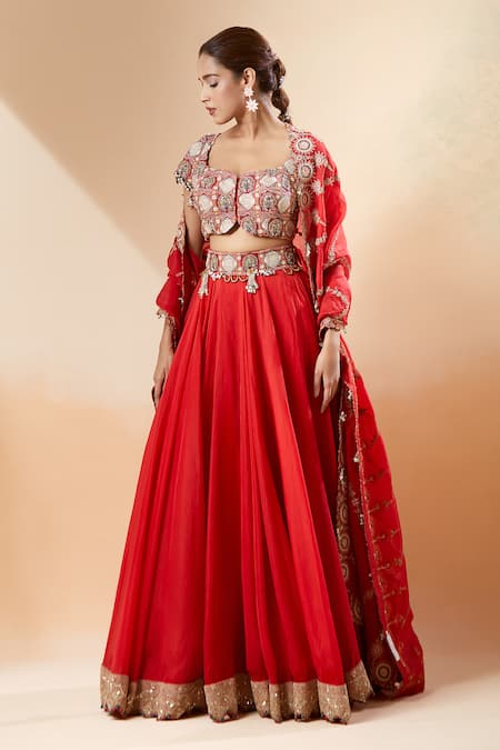 Anamika Khanna Red Chiffon Embroidery, Sequins Sweetheart Neck Blouse Lehenga Set Online at Aza Fashions Anamika Khanna_Red Chiffon Embroidery, Sequins Sweetheart Neck Blouse Lehenga Set_Online_at_Aza_Fashions