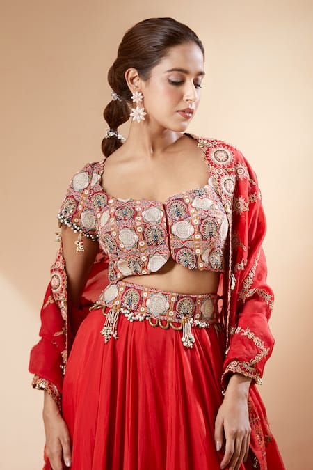 Shop Anamika Khanna Red Chiffon Embroidery, Sequins Sweetheart Neck Blouse Lehenga Set Online at Aza Fashions Shop_Anamika Khanna_Red Chiffon Embroidery, Sequins Sweetheart Neck Blouse Lehenga Set_Online_at_Aza_Fashions