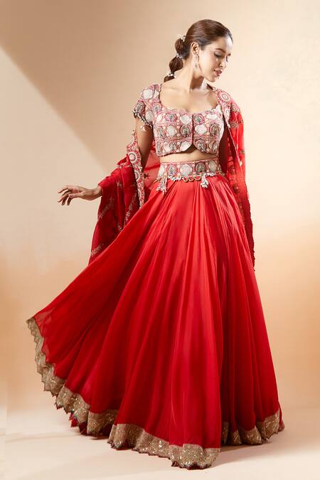 Anamika Khanna Red Chiffon Embroidery, Sequins Sweetheart Neck Blouse Lehenga Set at Aza Fashions Anamika Khanna_Red Chiffon Embroidery, Sequins Sweetheart Neck Blouse Lehenga Set_at_Aza_Fashions