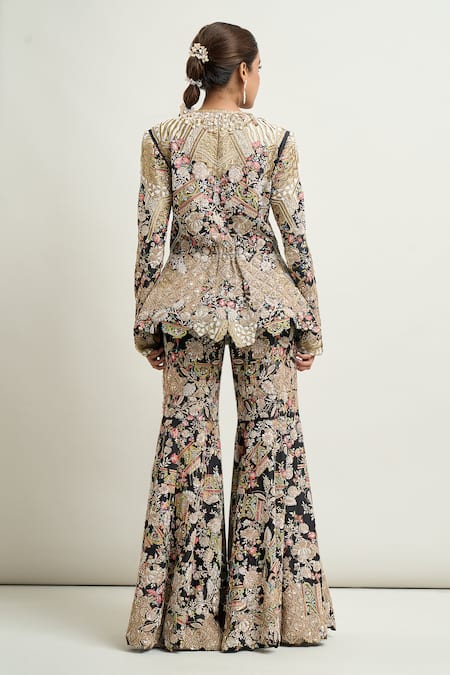 Shop Anamika Khanna Black Embroidery Round Neck Peplum Top Gharara Set at Aza Fashions Shop_Anamika Khanna_Black Embroidery Round Neck Peplum Top Gharara Set_at_Aza_Fashions