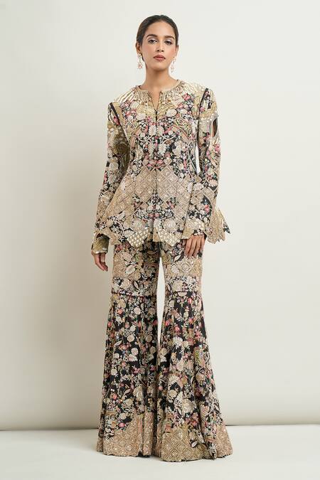 Anamika Khanna Black Embroidery Round Neck Peplum Top Gharara Set Online at Aza Fashions Anamika Khanna_Black Embroidery Round Neck Peplum Top Gharara Set_Online_at_Aza_Fashions