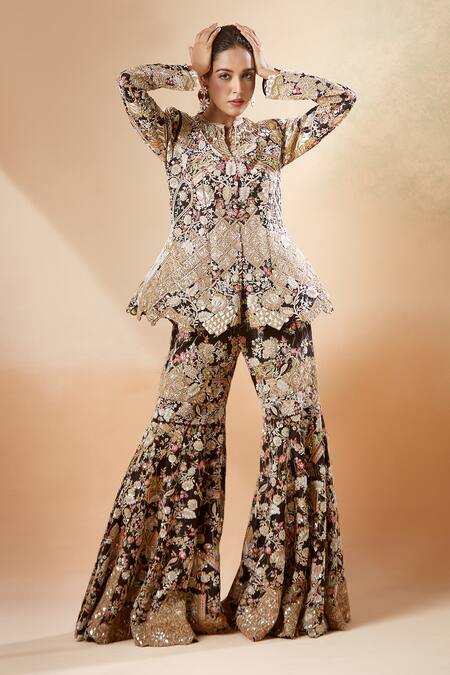 Buy Anamika Khanna Black Embroidery Round Neck Peplum Top Gharara Set Online at Aza Fashions Buy_Anamika Khanna_Black Embroidery Round Neck Peplum Top Gharara Set_Online_at_Aza_Fashions