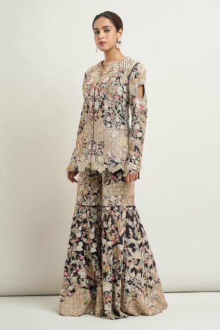 Shop Anamika Khanna Black Embroidery Round Neck Peplum Top Gharara Set Online at Aza Fashions Shop_Anamika Khanna_Black Embroidery Round Neck Peplum Top Gharara Set_Online_at_Aza_Fashions