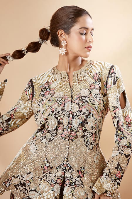 Anamika Khanna Black Embroidery Round Neck Peplum Top Gharara Set at Aza Fashions Anamika Khanna_Black Embroidery Round Neck Peplum Top Gharara Set_at_Aza_Fashions