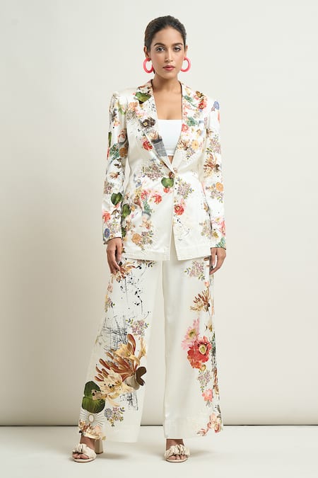 Anamika Khanna White Printed Floral Notched Lapel Blazer And Pant Co-ord Set 