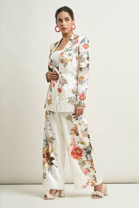 Anamika Khanna White Silk Embroidery Floral Print Blazer And Pant Co-ord Set Online at Aza Fashions Anamika Khanna_White Silk Embroidery Floral Print Blazer And Pant Co-ord Set_Online_at_Aza_Fashions