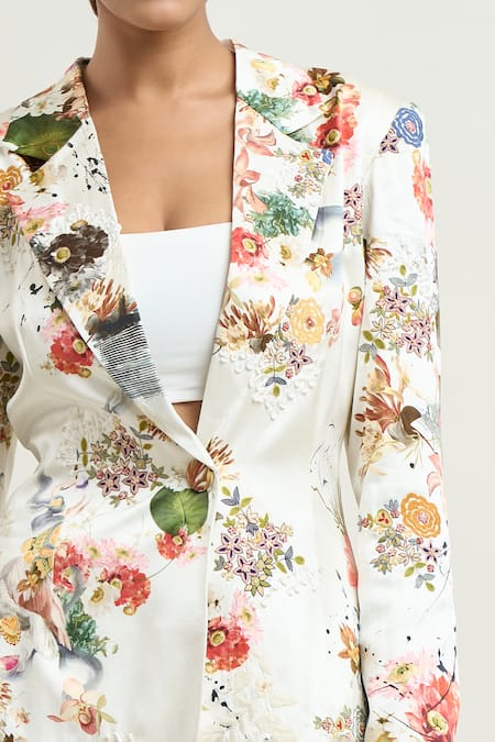 Buy Anamika Khanna White Silk Embroidery Floral Print Blazer And Pant Co-ord Set Online at Aza Fashions Buy_Anamika Khanna_White Silk Embroidery Floral Print Blazer And Pant Co-ord Set_Online_at_Aza_Fashions