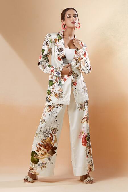 Anamika Khanna White Silk Embroidery Floral Print Blazer And Pant Co-ord Set at Aza Fashions Anamika Khanna_White Silk Embroidery Floral Print Blazer And Pant Co-ord Set_at_Aza_Fashions
