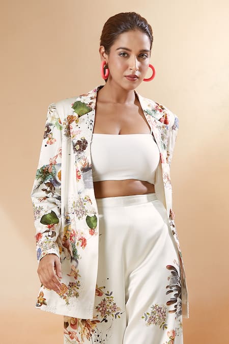 Buy Anamika Khanna White Silk Embroidery Floral Print Blazer And Pant Co-ord Set Buy_Anamika Khanna_White Silk Embroidery Floral Print Blazer And Pant Co-ord Set