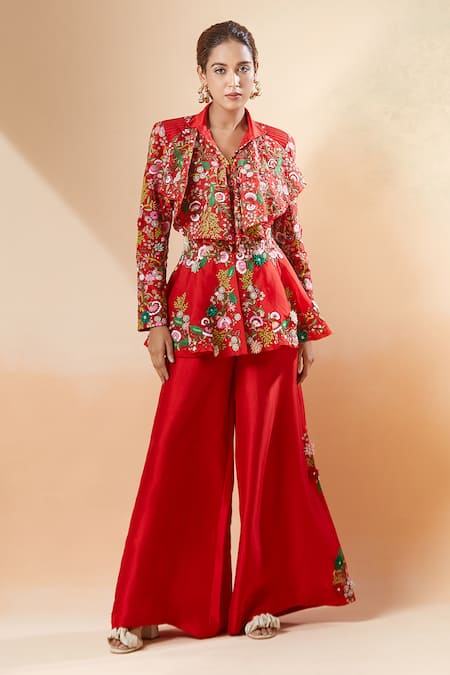 Anamika Khanna Floral Embroidered Peplum Top & Flared Pant Set 