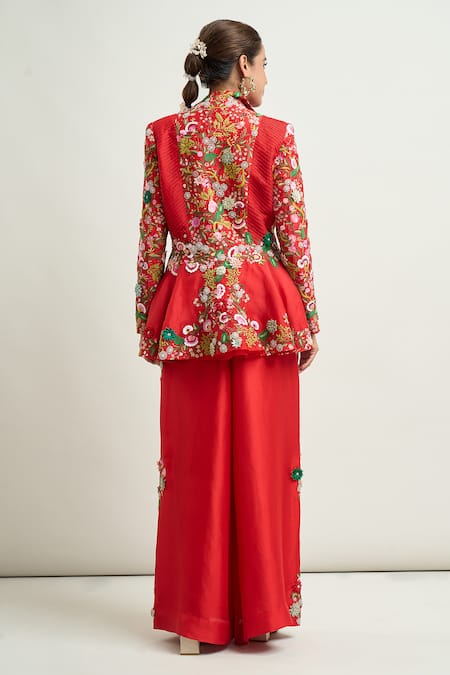 Anamika Khanna Floral Embroidered Peplum Top & Flared Pant Set 